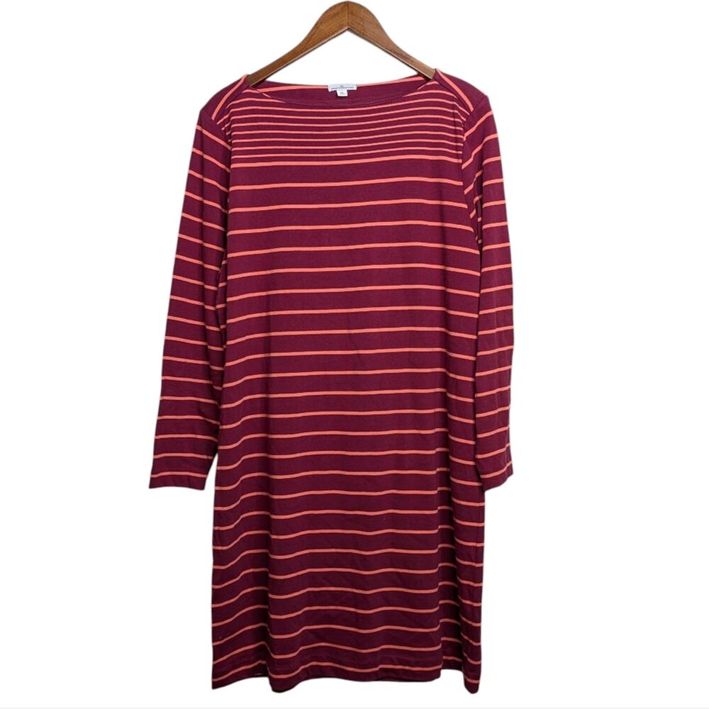 LL Bean Signature Sailor Boat Neck Dress 16 Red Orange Cotton Coastal Nautical